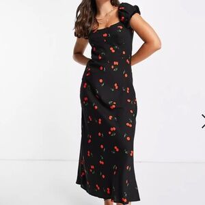 ASOS DESIGN corset detail cap sleeve midi dress with split in cherry print